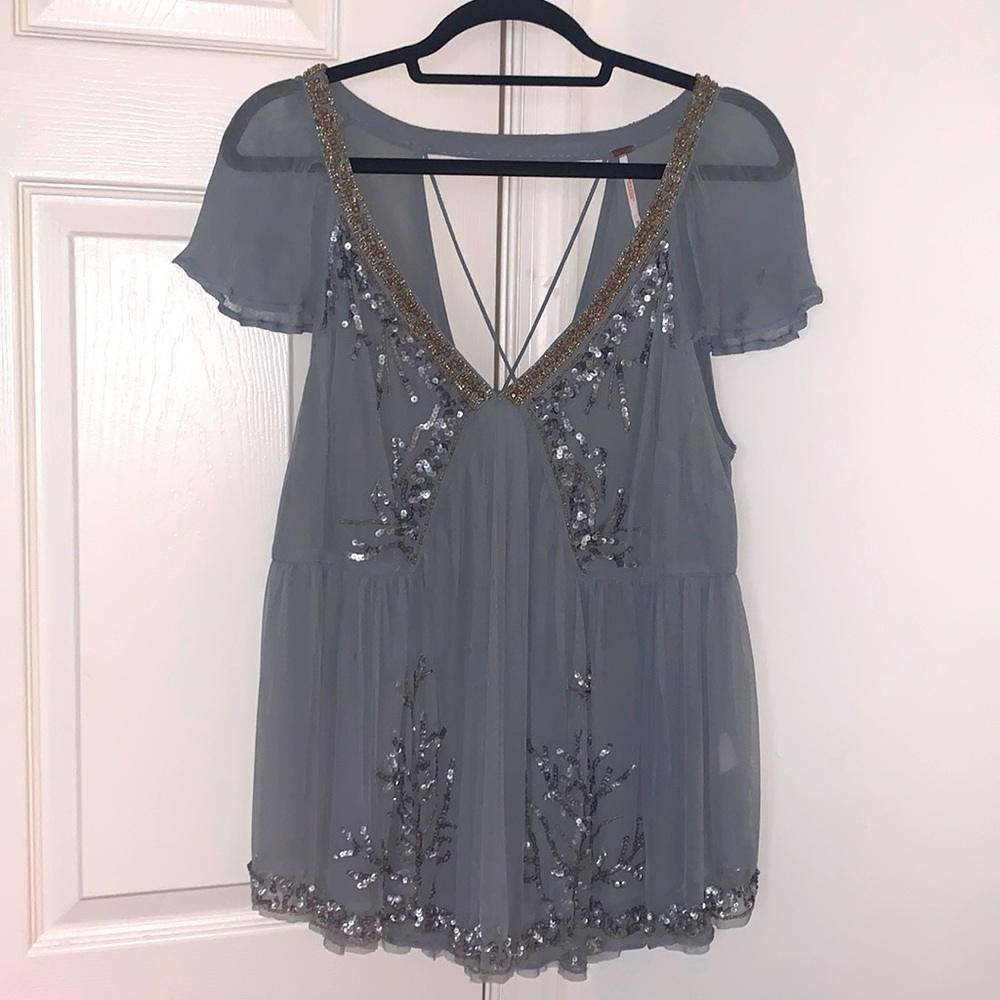 Free People Blue Beaded top with sequin detailing